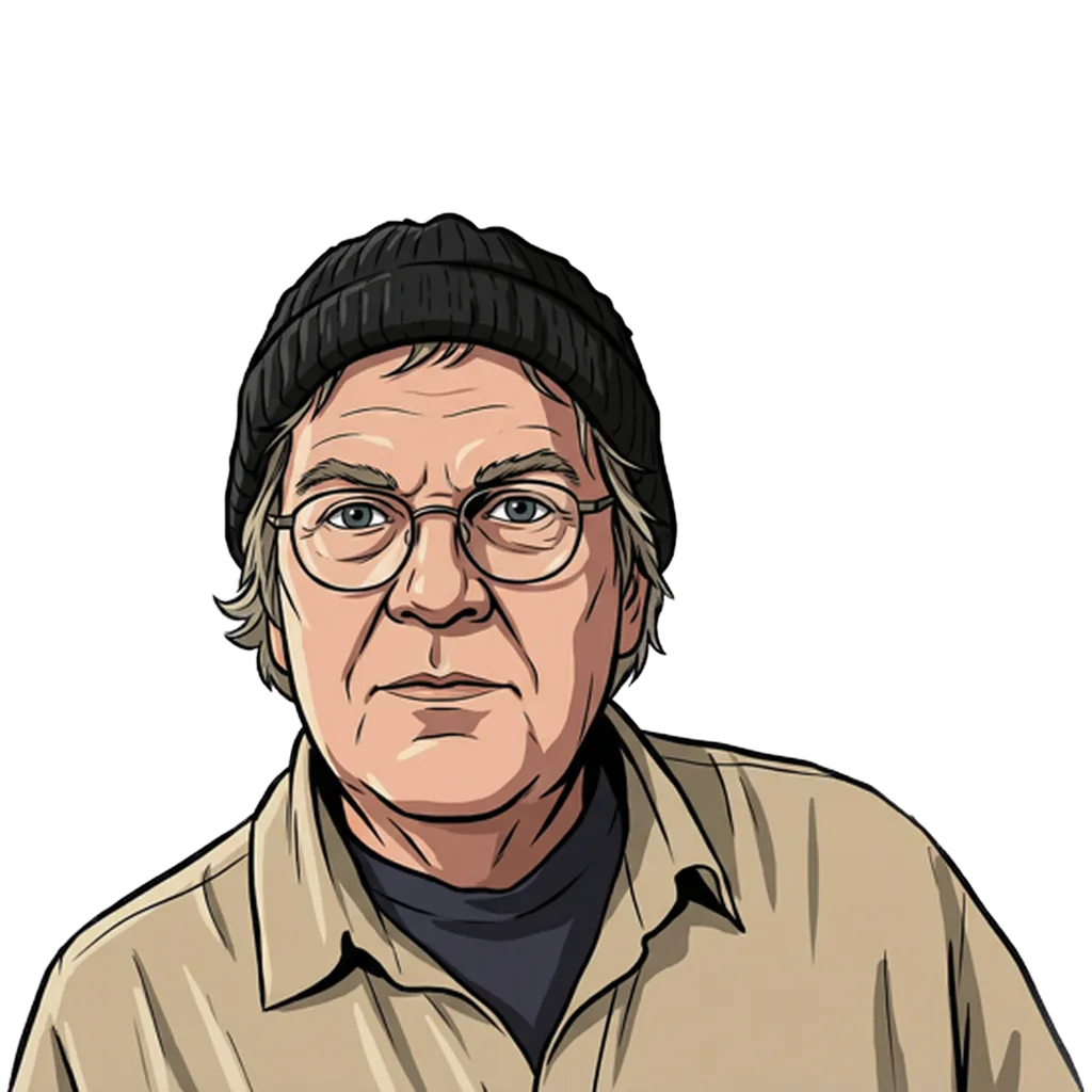 Illustratie van Toon Verbeek met muts, bril en een beige overhemd